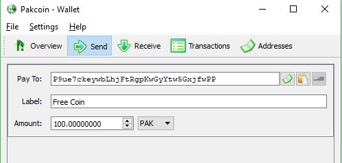 Send 100 PakCoin to Exchange